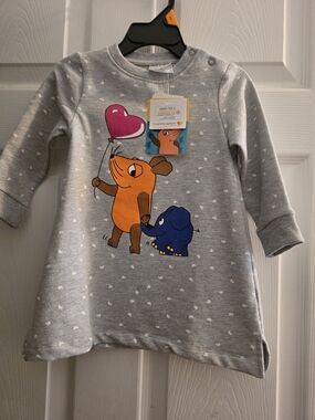 Girls' Gray Heart Dot Sweatshirt Dress with Orange Mouse Graphic